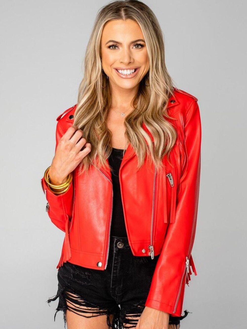 BuddyLove Francesca Fringe Vegan Leather Jacket Red Medium M